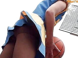 Lorine in Cheerleader Uniform and Pantyhose Shooting Ball and Flashing