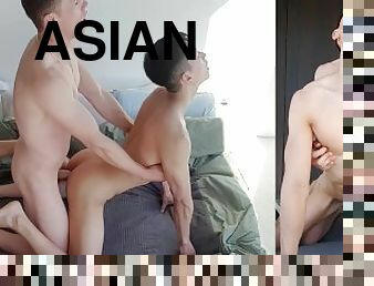 asiatisk, doggy, cumshot, interracial, homofil, par, cum, hvit, twink