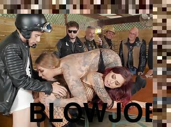 Horny sluts Mia Blow and Ria Red shagged by young biker