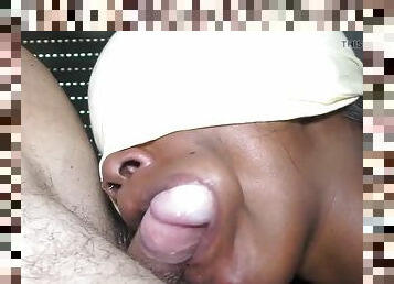 Cock-hungry ebony mouth makes white guy cum in her mouth