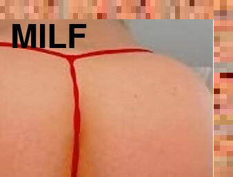 MILF with big ass shows pussy grip riding a dildo in red thong