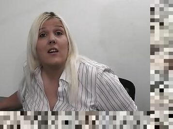 Chubby blonde secretary gives head and fucked