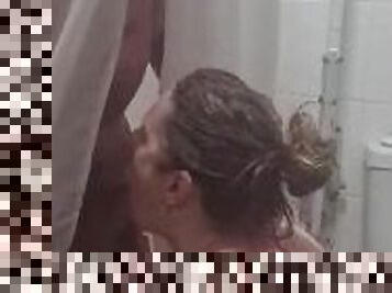 Stepmom secretly gives stepson a helping hand in the shower