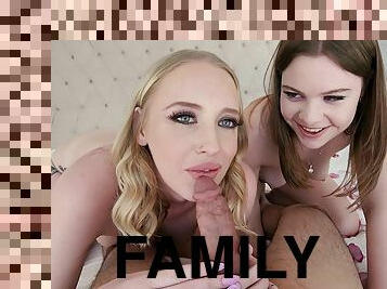 Sweet babes worship the same dick in sexy family FFM