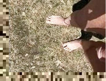 Barefoot pissing outdoors. Watch to the end.