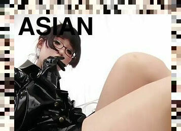 asiatisk, mörkhyad, svart, latex, ensam