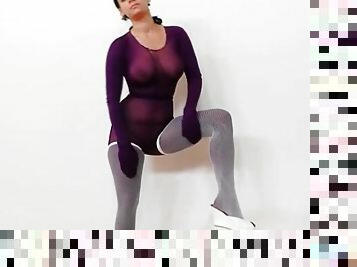 Purple pantyhose cover the body of dildo sex girl
