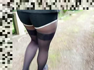 Walk in black Stockings and Pantyhose 