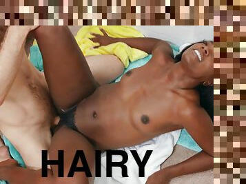 Foamy Fantasy with hairy ebony babe with small tits - interracial reality sex