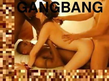 Blindfolded white girl gangbang