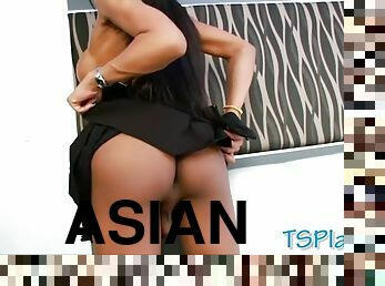 Sexy asian ladyboy with big tits masturbates her cock