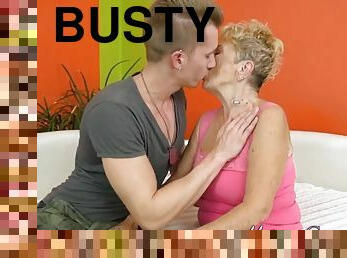 Busty old granny gets oral sex