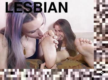 Naughty lesbian Astrid worships Leya's feet - kinky porn