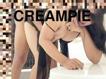 asia, mandi, payudara-besar, posisi-seks-doggy-style, creampie-ejakulasi-di-dalam-vagina-atau-anus-dan-keluarnya-tetesan-sperma, payudara