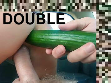 Perverted cabbie penetrates her anus using long and thick cucumber!