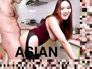 asia, posisi-seks-doggy-style, buatan-rumah, dapur, bersetubuh, nakal