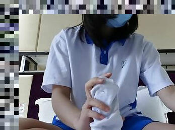 Chinese footjob in white socks