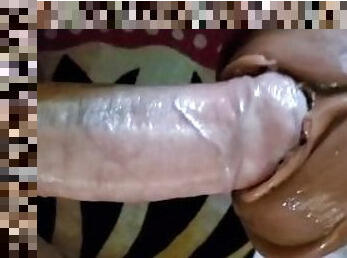 Cum in her mouth. Silicone vagina.