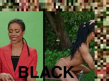 Sexy black news reporter in red heels boned in the park