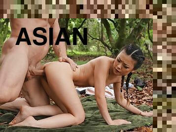 Trespassing her Wet Asian Pussy - pigtailed brunette fucked outdoors w Lulu Chu