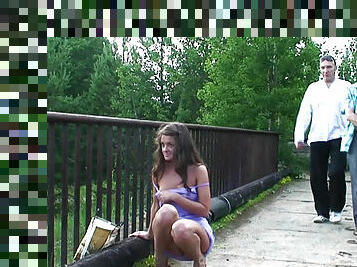 Public teen tits flash on a path