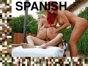 Horny Spanish boy screws two big tit MILFs by the pool
