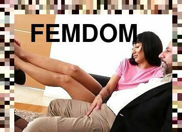 asiatisk, handjob, par, trekant, føtter, ydmykelse, femdom