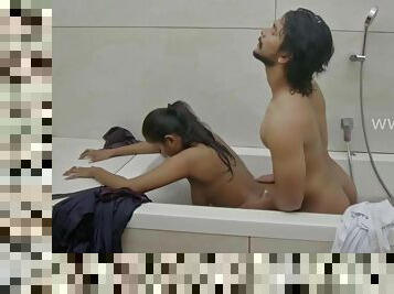 Wet Indian sex in the bathtub with busty brunette babe - big ass