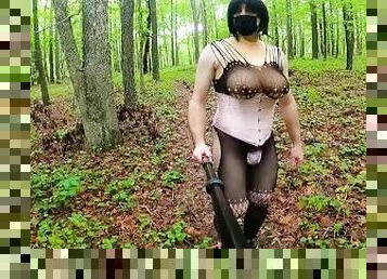 Big fake tits cross dresser public hiking in corset heels and fishnet body suit