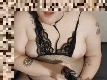 Trans girl in lingerie masturbates and cums with a Hitachi wand