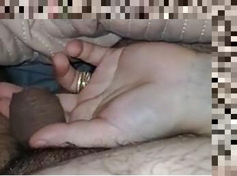 Step mom grabs step son dick head and handjob