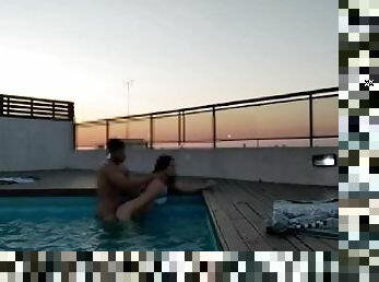 cumming a lot in the pool at a beautiful sunset - accounter adventure