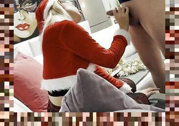 Sexy Santa gives an incredibly hot Handjob works on a Big Cock for New Year Celebration in Pantyhose