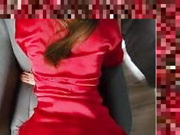 Milf in red satin robe shows herself on tiktok