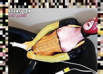 Tiny Slut Masturbating to Multiple Orgasms In Yellow & Black Latex