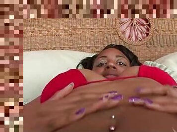Catching the busty black gal masturbating on his bed ends in an intense interracial drilling