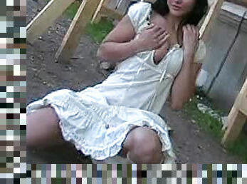 Cute teen in white dress public flashing