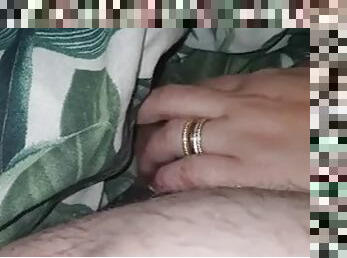 Step mom hand slip under blanket touching step son dick and handjob him