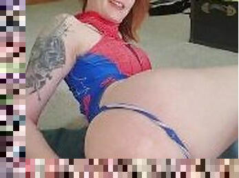 Hot red head does anal in Spiderman suit