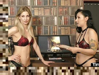 Girls in leather lingerie SPH talk dirty about guys with small cocks