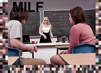 Insolent teen and her colleague get intimate with their hot MILF teacher