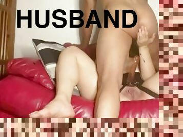 Muscular tattooed husband loves getting fucked with a strap on by his wife…