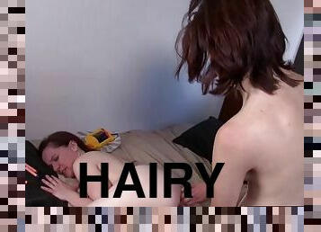 Hairy lesbian licked by horny shaved teenie