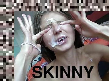 Skinny teen takes messy facial!