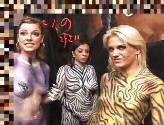 Body painted ladies in group sex