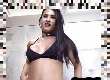 Latina shemale babe strips and masturbates solo