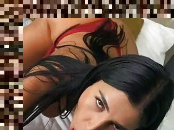 Latina in red lingerie masturbates with a sex machine
