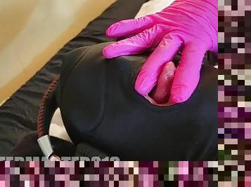 Teaching my mummified straight maie sub to use his tongue with pink latex gloves