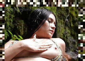 Horny Latina Teen Fingers Pussy In Front Of The Waterfall