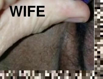using the wife's vibrator on her creamy wet pussy  .